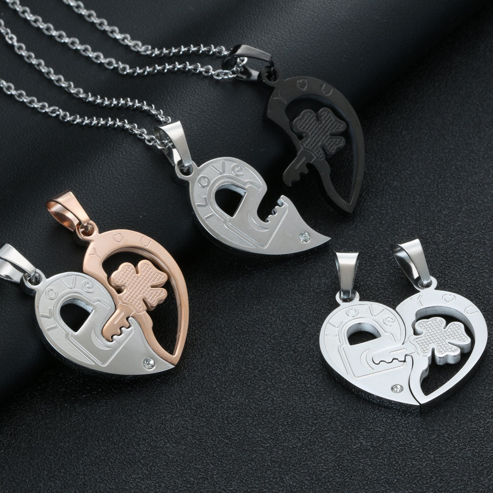 Couple's Titanium Steel Heart and Clover Pendant Set - Inspired by Japanese and Korean Design