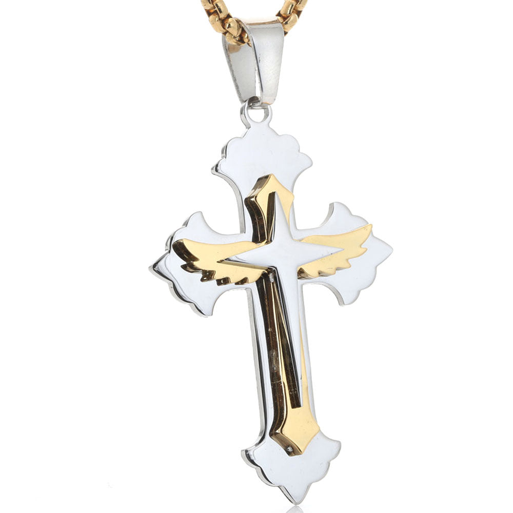 Stylish Stainless Steel Winged Cross Pendant for Men and Women - Fashionable Titanium Steel Jewelry