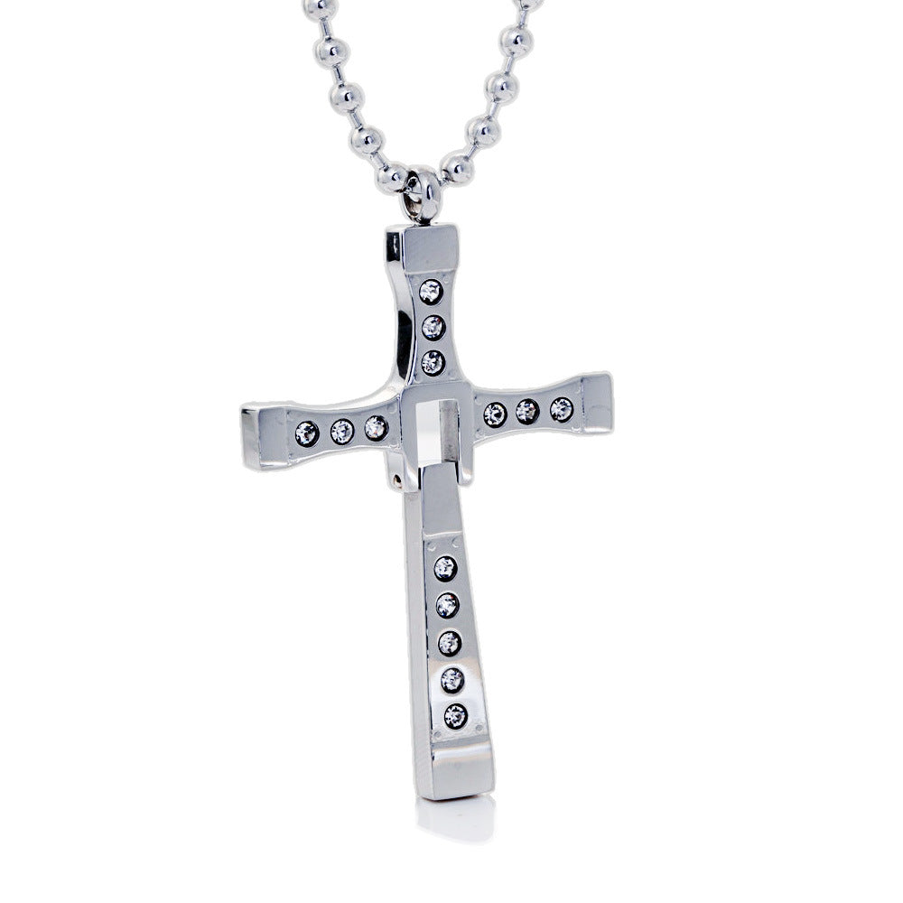 Titanium Steel Cross Pendant with Zircon Stones - European and American Style Men's Jewelry