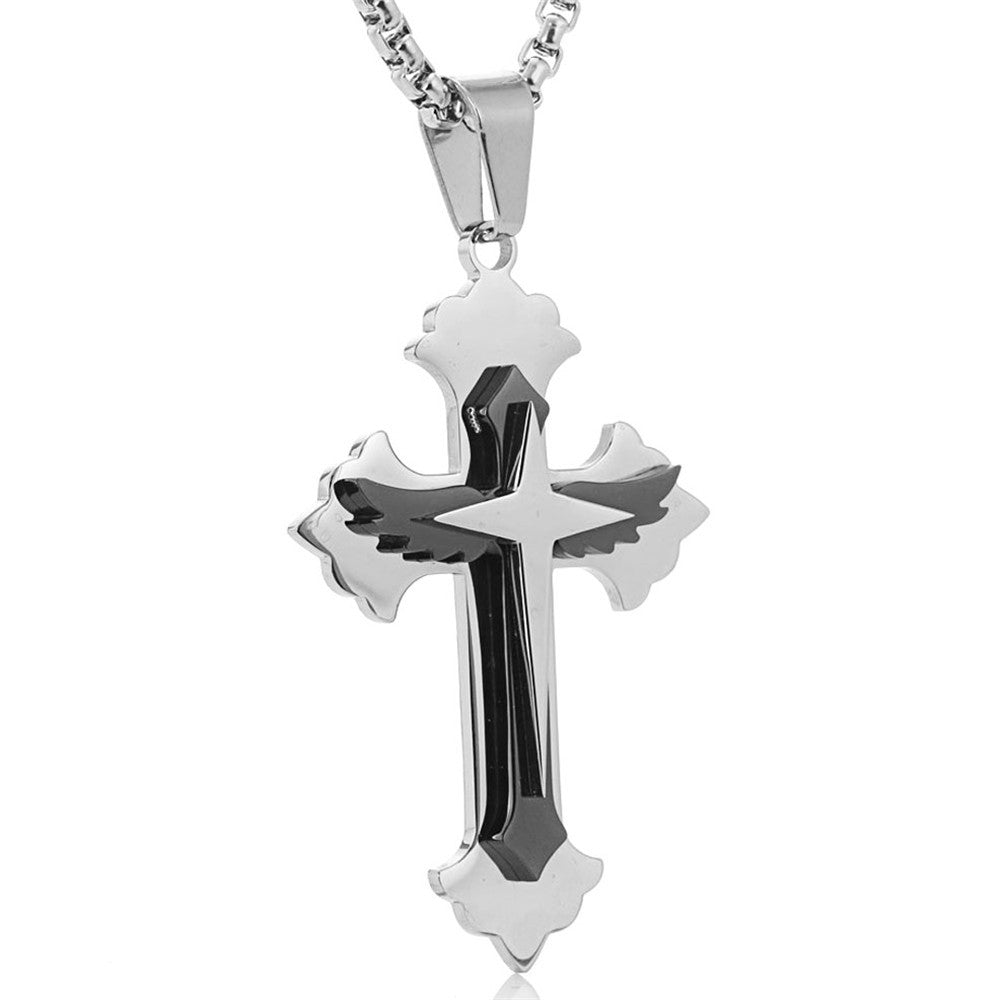 Stylish Stainless Steel Winged Cross Pendant for Men and Women - Fashionable Titanium Steel Jewelry