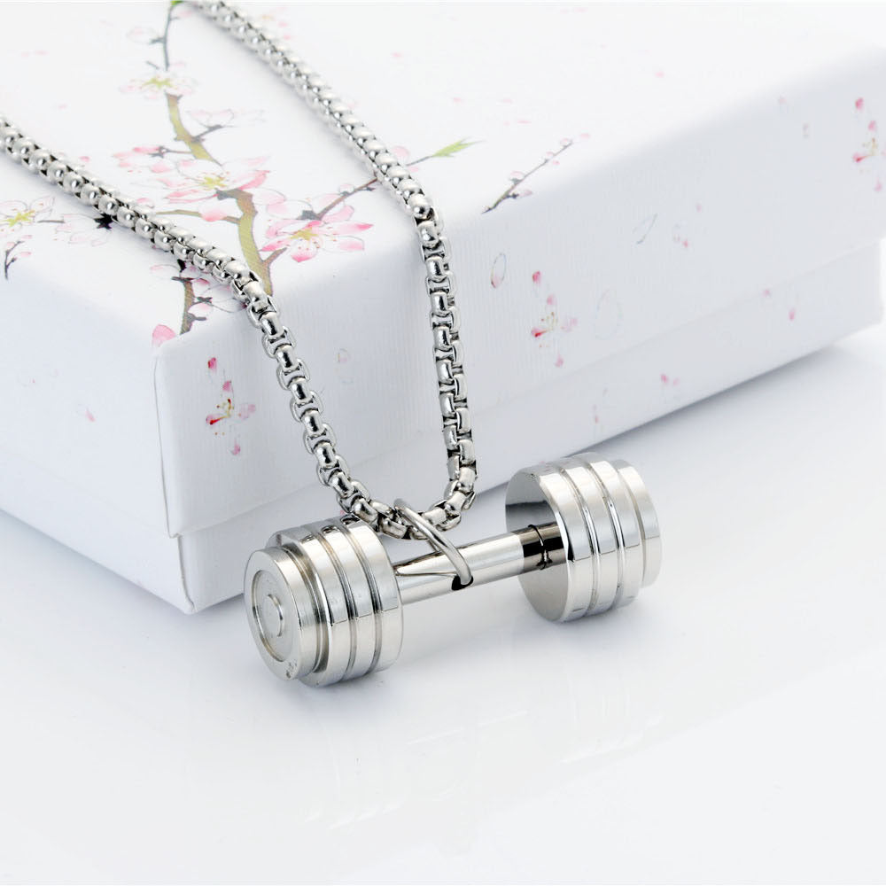 Trendy Titanium Steel Barbell Pendant Necklace for Men's Fitness and Bodybuilding