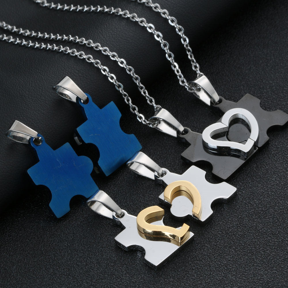 Heart-Shaped Titanium Steel Couple Necklace - Modern Puzzle Design for Men