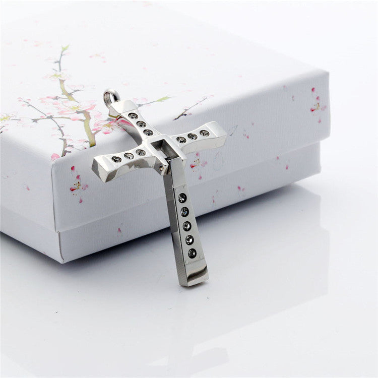 Titanium Steel Cross Pendant with Zircon Stones - European and American Style Men's Jewelry