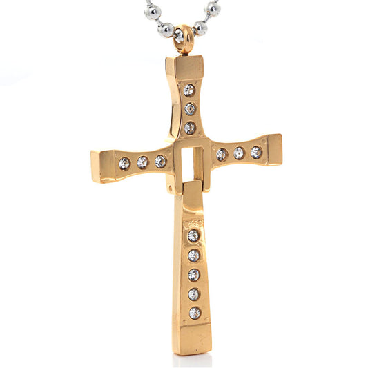 Titanium Steel Cross Pendant with Zircon Stones - European and American Style Men's Jewelry