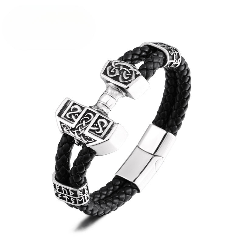 Norse Mythology Stainless Steel Thor's Hammer Bracelet for Men - Viking Leather Jewelry Wholesale