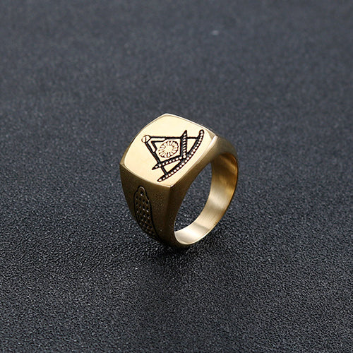 Stylish Retro Freemason Punk Ring in Gold Titanium Steel for Men