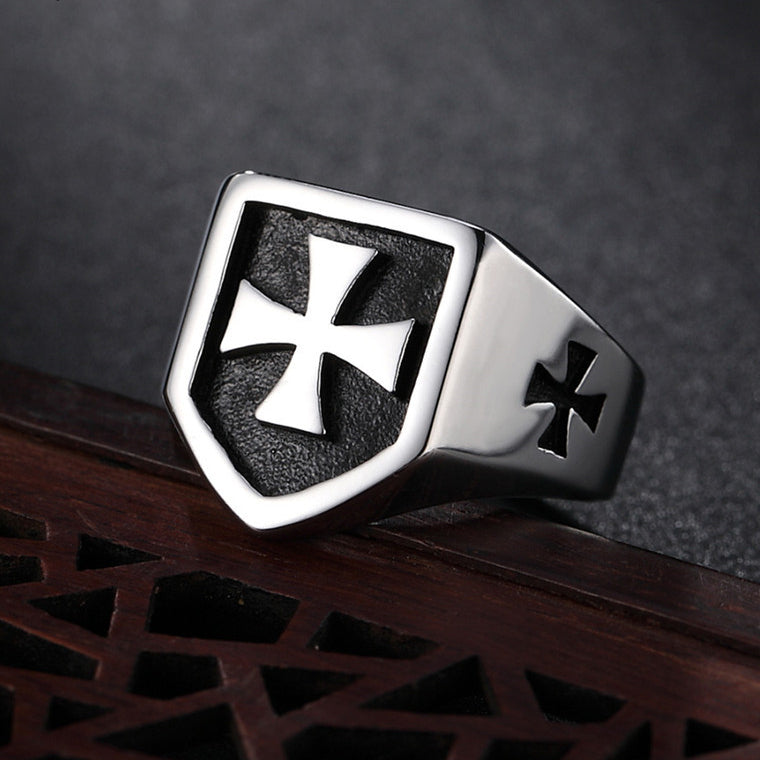 Shield Teutonic Cross Titanium Steel Ring for Men