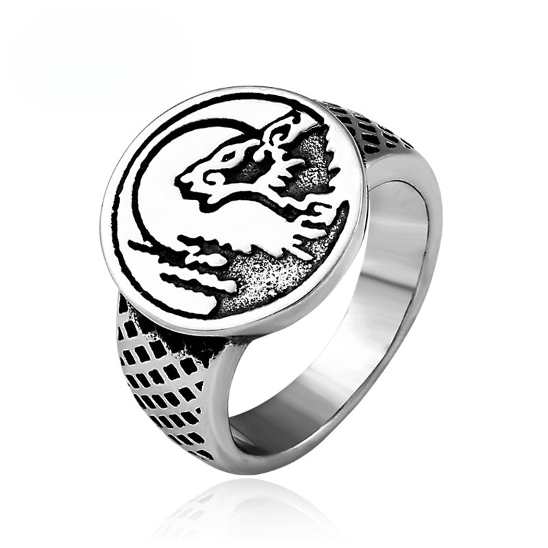 Stainless Steel Wolf Head Ring for Men - Retro Titanium Steel Design, Wholesale European and American Trade