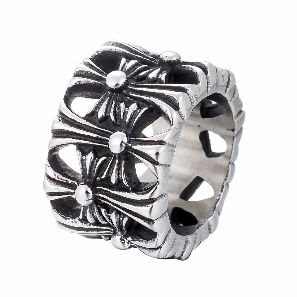 Hollow Forward Reverse Cross Flower Titanium Steel Ring for Men