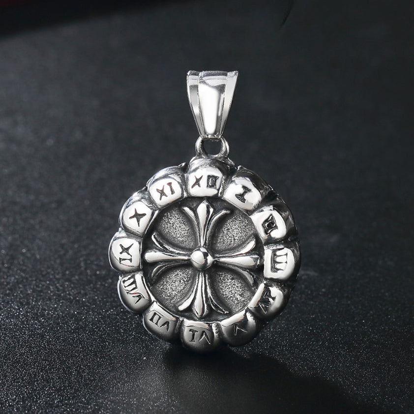 Cross Flower Roman Numeral Disc Titanium Steel Pendant for Men