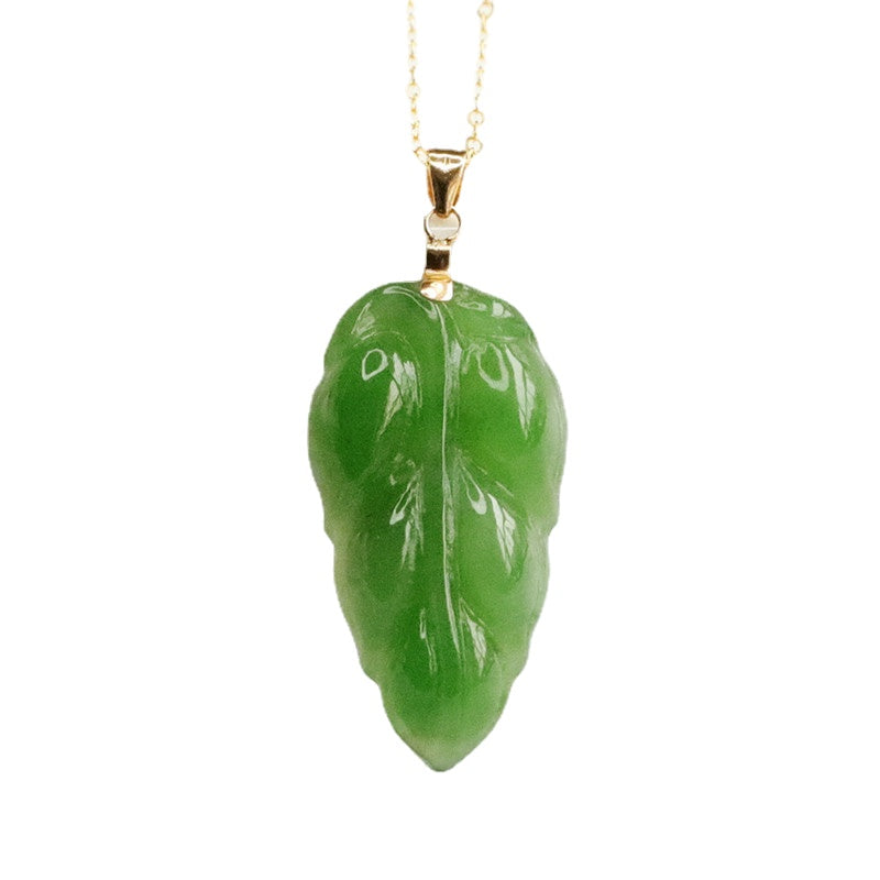 Jade Leaf Pendant Necklace in Russian Green Hotan Jade