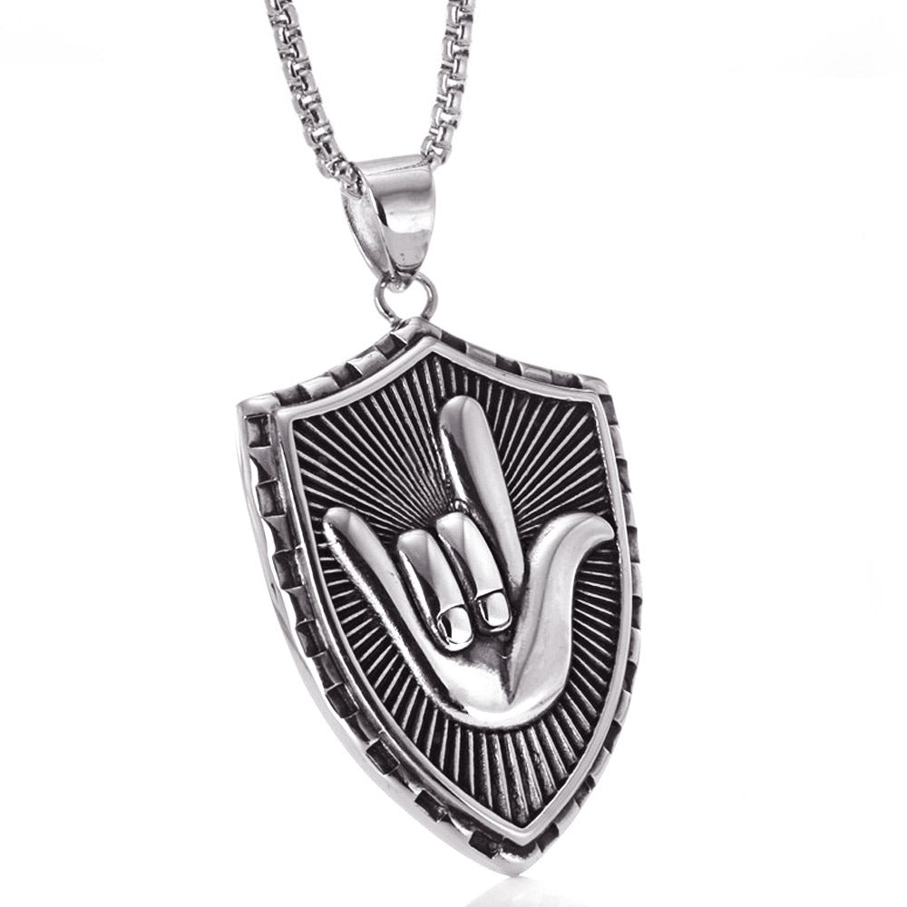 Timeless Titanium Steel Love Shield Pendant - Elegant Vintage Hand Pattern Necklace for All