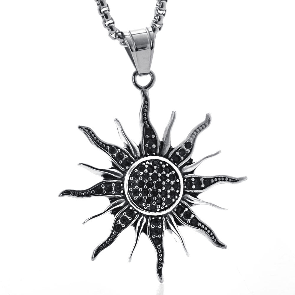 Titanium Steel Sun Charm Necklace with Black Zircon - Trendy Retro Men's Accessories