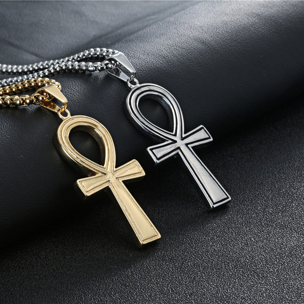 Unisex Retro Gold Egyptian Cross Necklace in Durable Titanium Steel