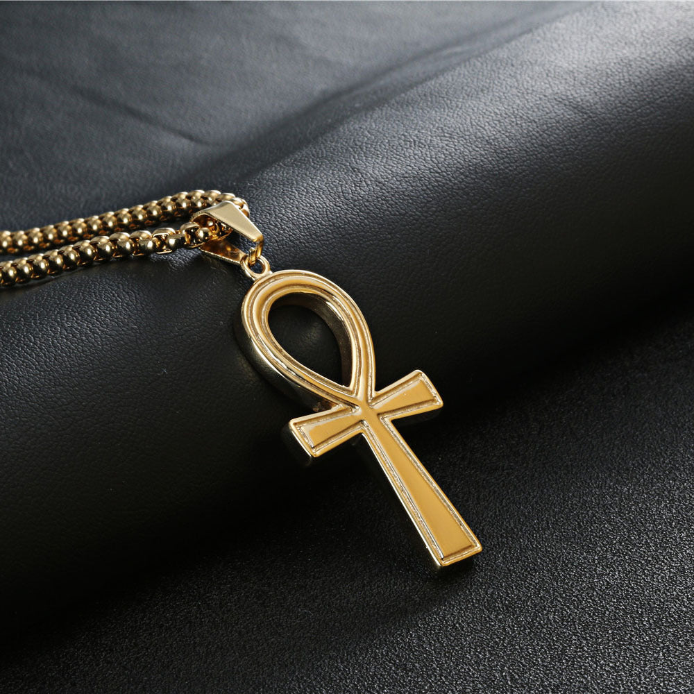 Unisex Retro Gold Egyptian Cross Necklace in Durable Titanium Steel