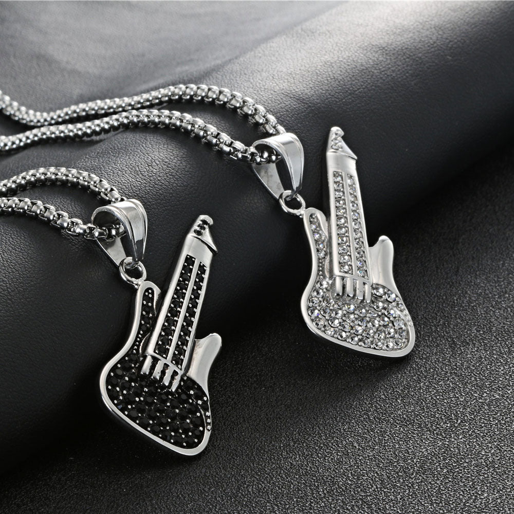 Titanium Steel Guitar Pendant with Black Zircon Inlay – Retro Stainless Steel Accessory for Men