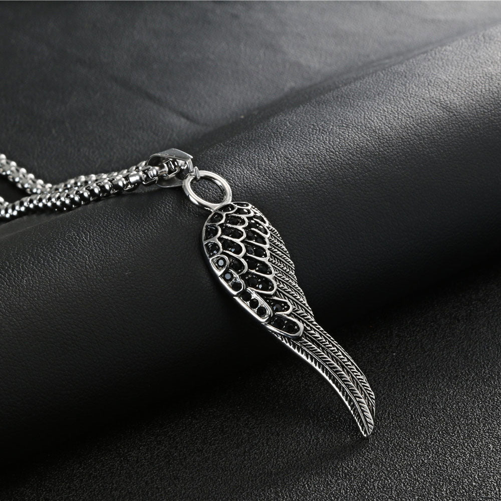 Gothic Elegance: Men's Titanium Steel Zircon Feather Pendant - Retro Style Accessory