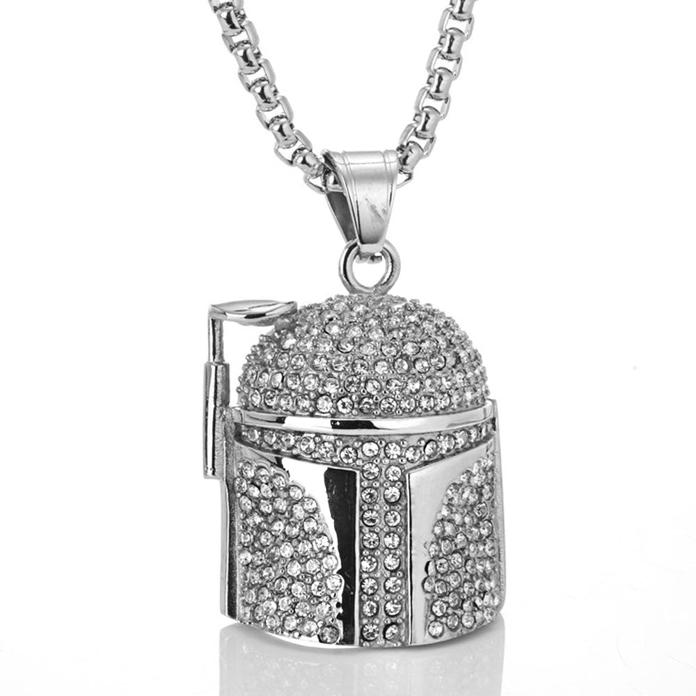 Vintage Titanium Steel Helmet Pendant for Men - Stylish European and American Design with Zircon Details