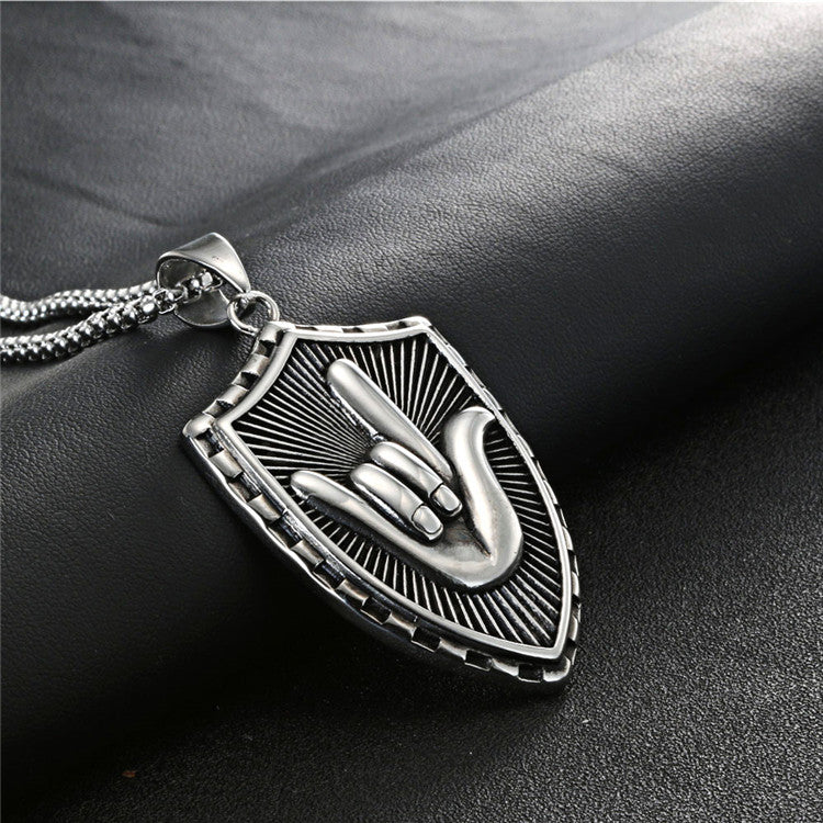 Timeless Titanium Steel Love Shield Pendant - Elegant Vintage Hand Pattern Necklace for All