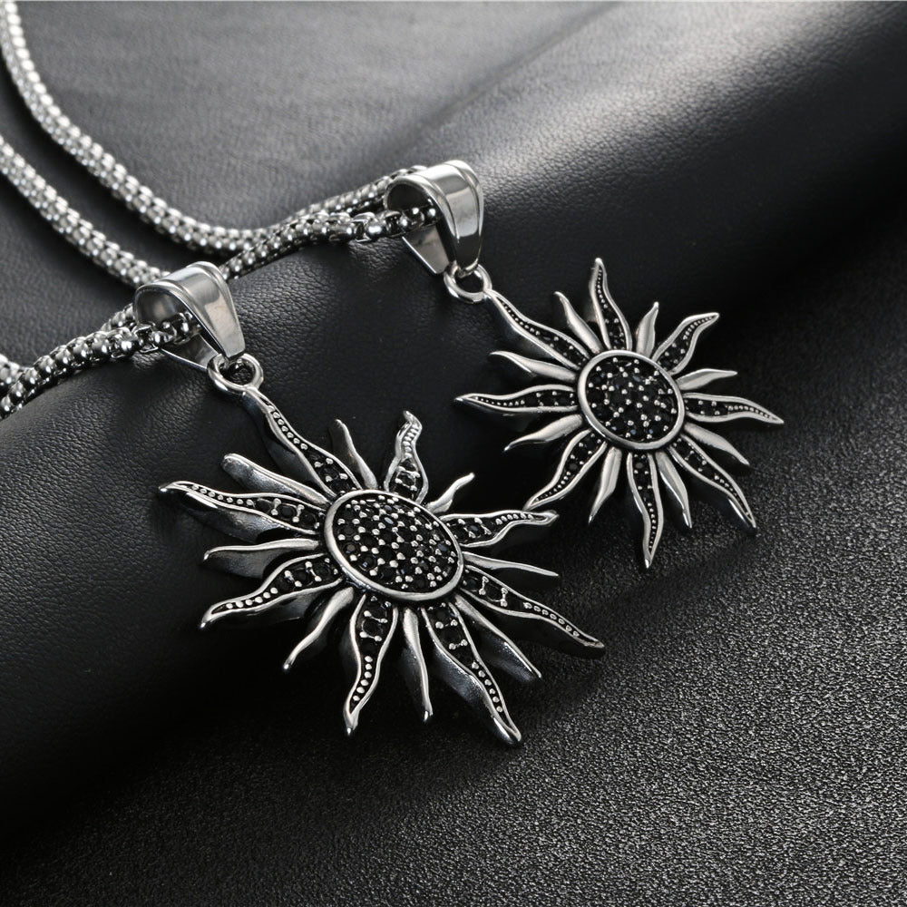 Titanium Steel Sun Charm Necklace with Black Zircon - Trendy Retro Men's Accessories