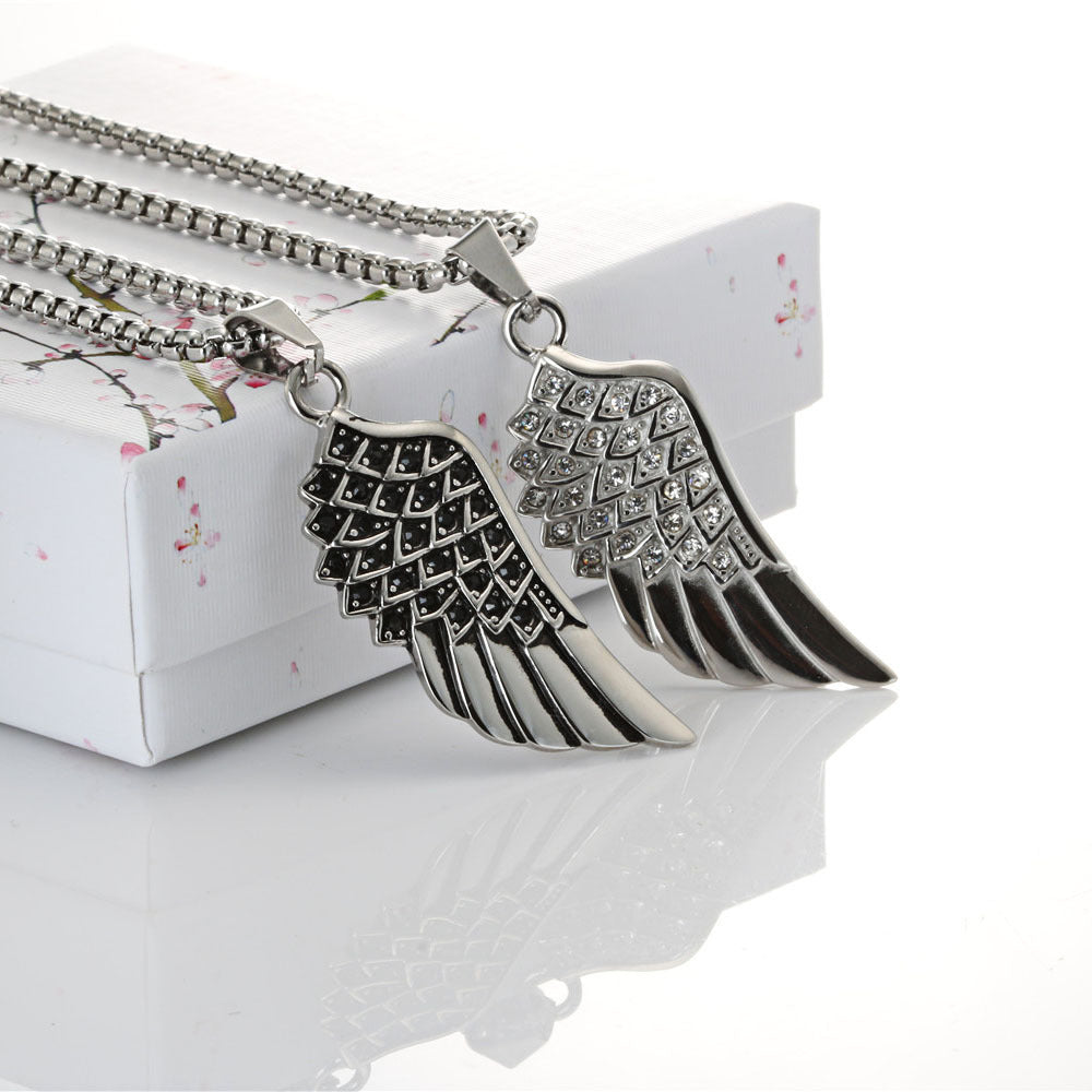 Titanium Steel Feather Pendant with Zircon Accents - Unisex Retro Black and White Accessories