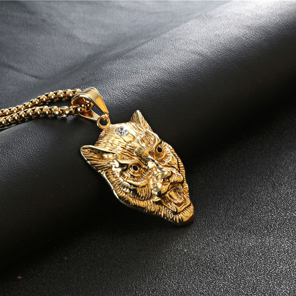 18k Gold and Titanium Steel Leopard Head Pendant - Stylish Accessories for Men