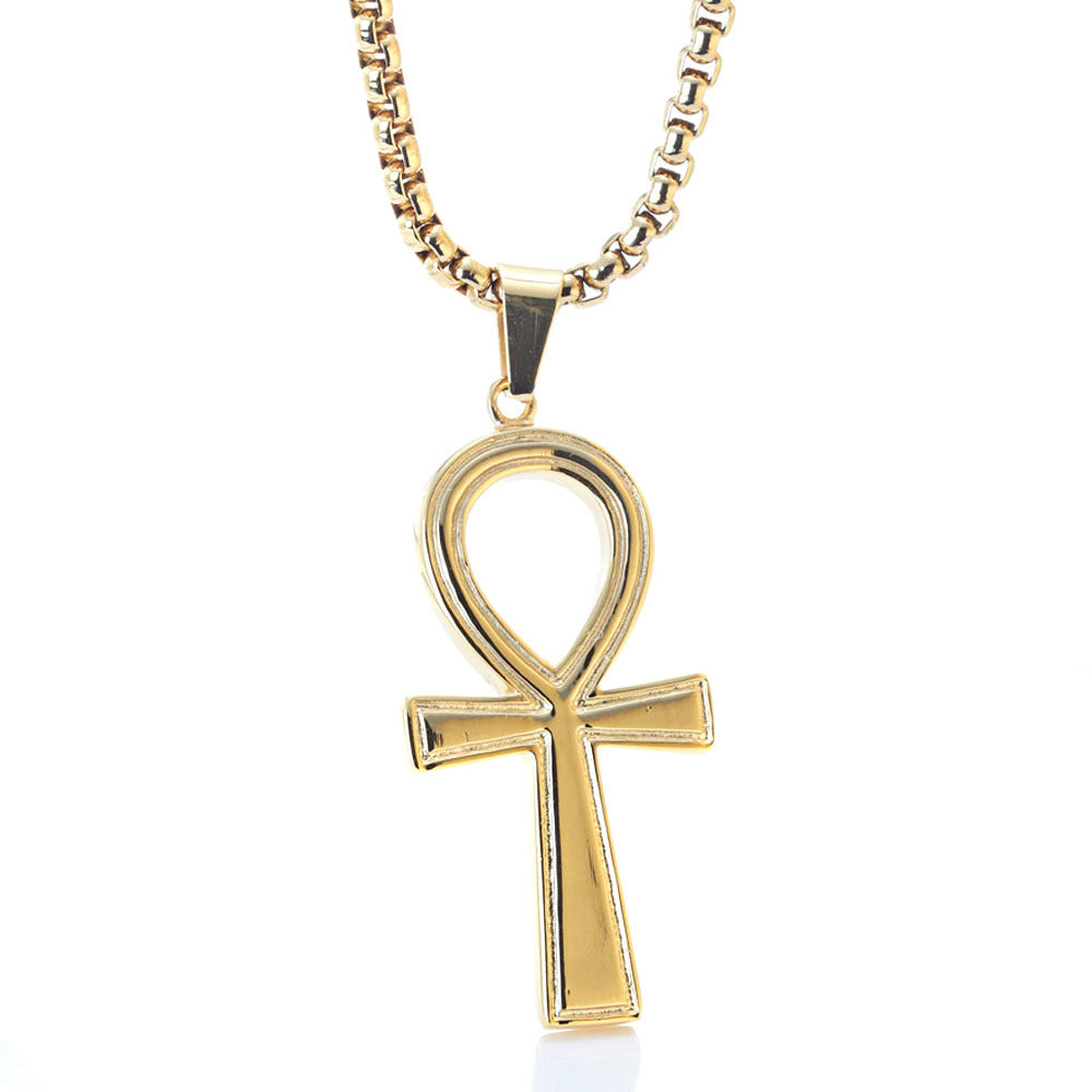 Unisex Retro Gold Egyptian Cross Necklace in Durable Titanium Steel