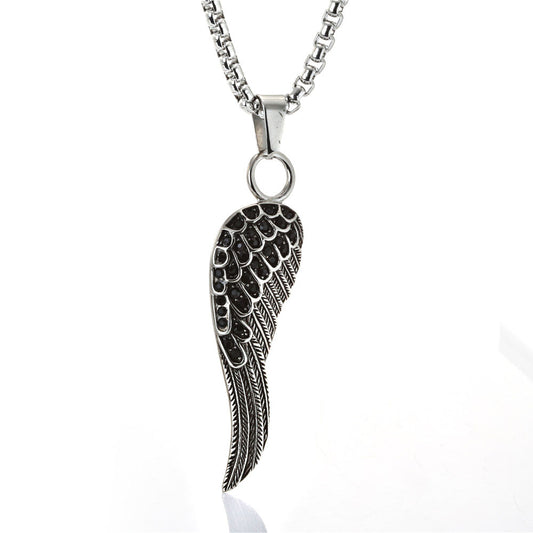 Gothic Elegance: Men's Titanium Steel Zircon Feather Pendant - Retro Style Accessory