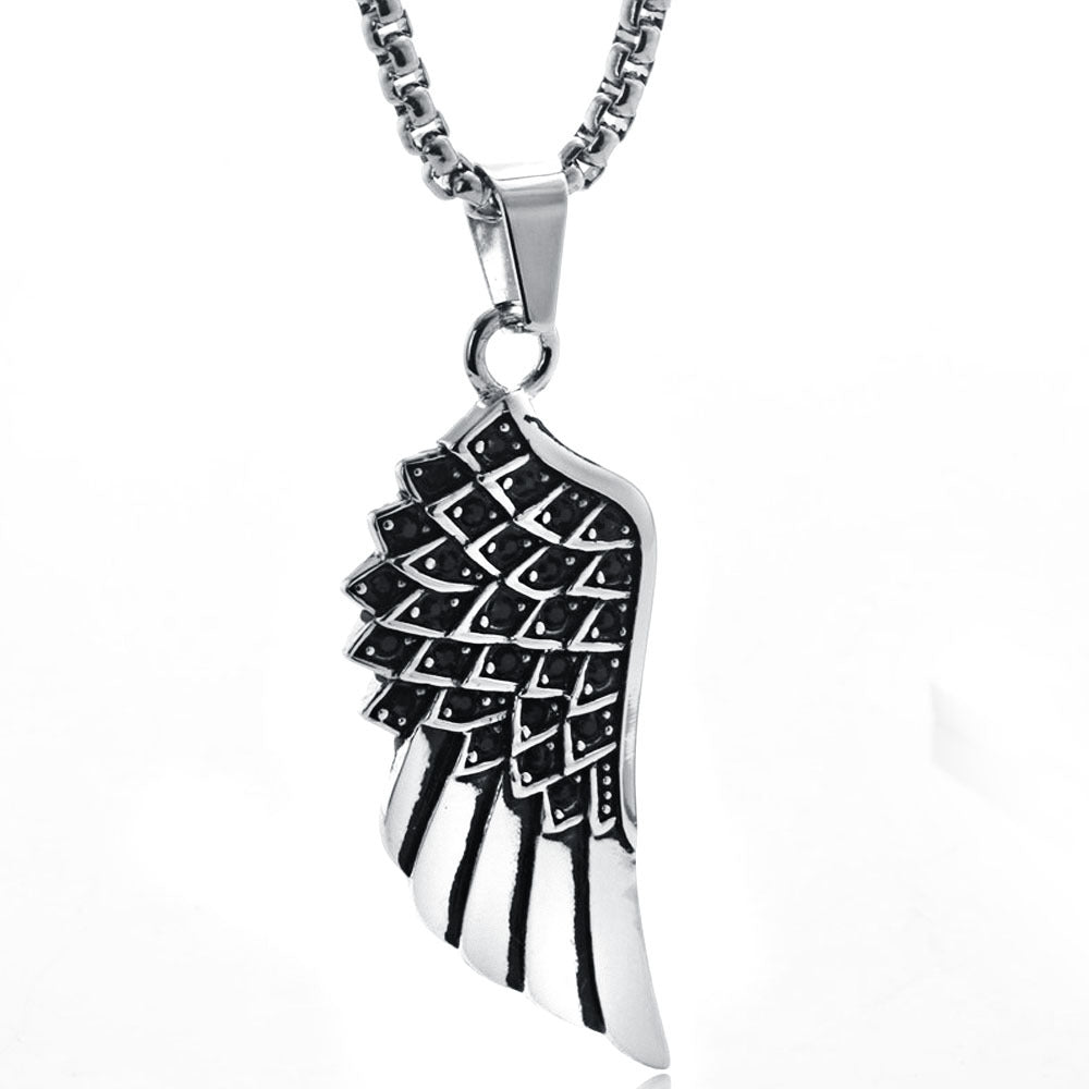 Titanium Steel Feather Pendant with Zircon Accents - Unisex Retro Black and White Accessories