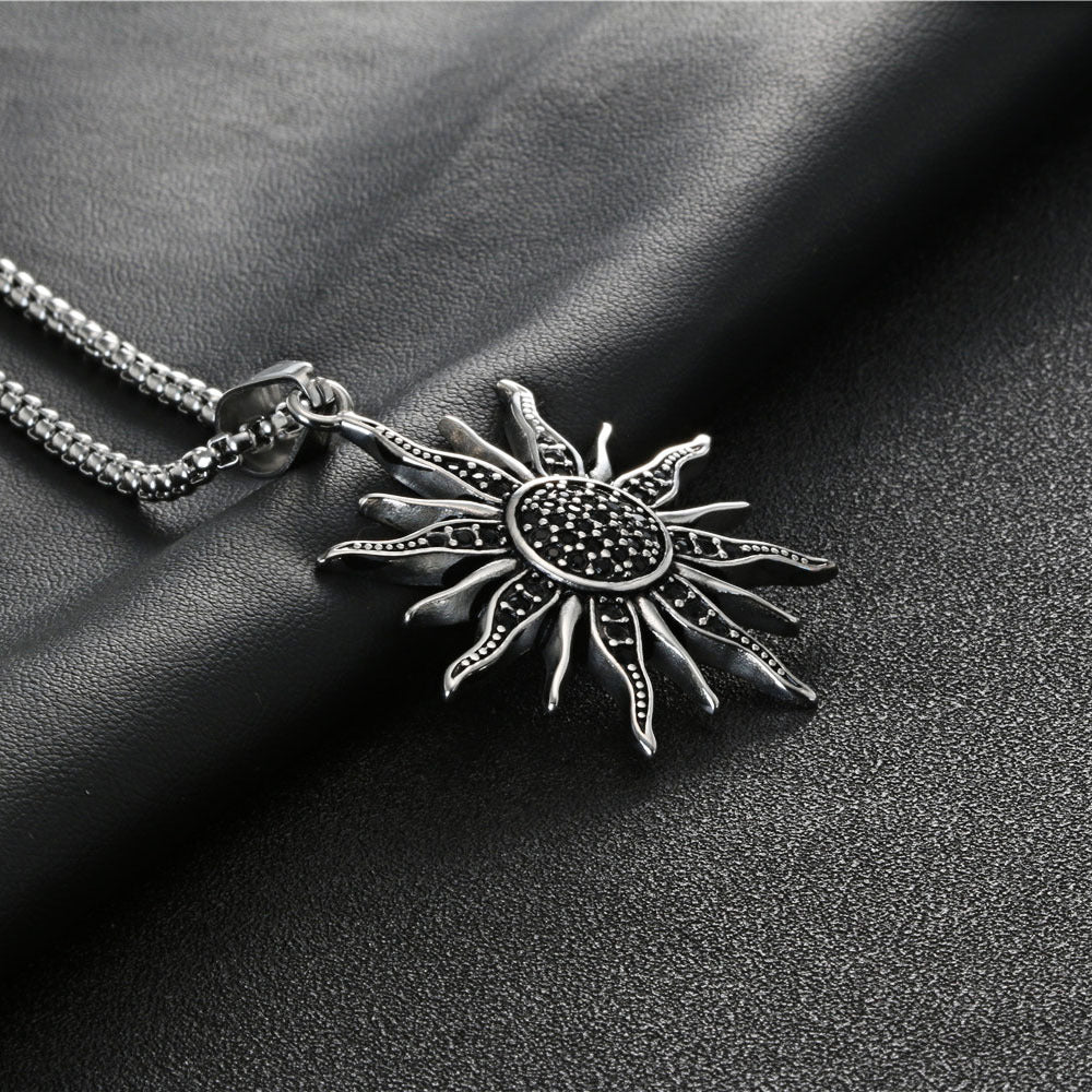 Titanium Steel Sun Charm Necklace with Black Zircon - Trendy Retro Men's Accessories