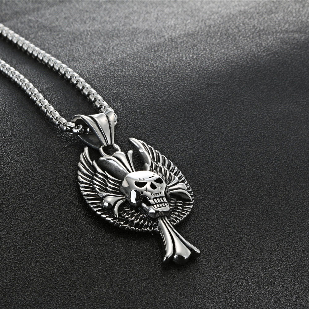 Gothic Winged Ghost Skull Cross Pendant in Premium Titanium Steel for Men