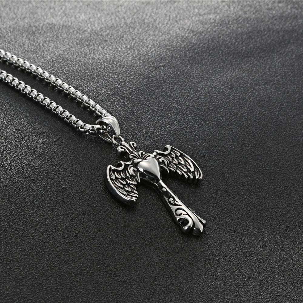 Titanium Steel Cross Pendant with Retro Heart-Shaped Wing for Men - Creative Fashion Accessory