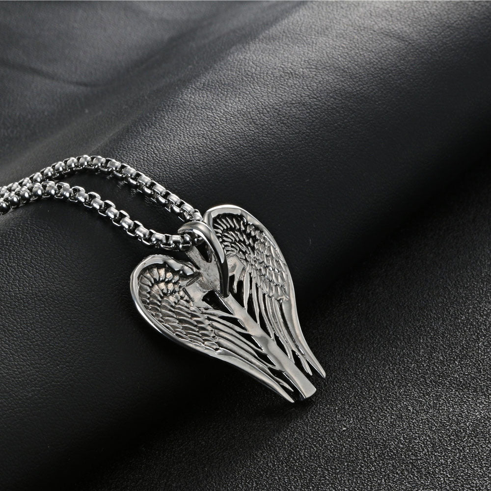 Titanium Steel Angel Wings and Skull Pendant - Personalized Retro Cross Flower Jewelry for Men and Women