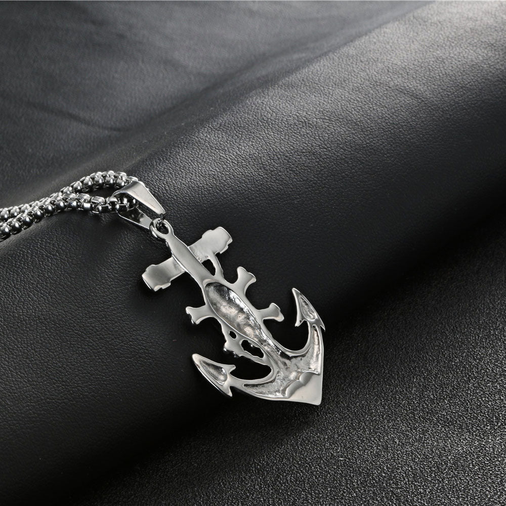 Titanium Steel Nautical Anchor Pendant with Skull Cross Design for Men - Vintage Crowe Style