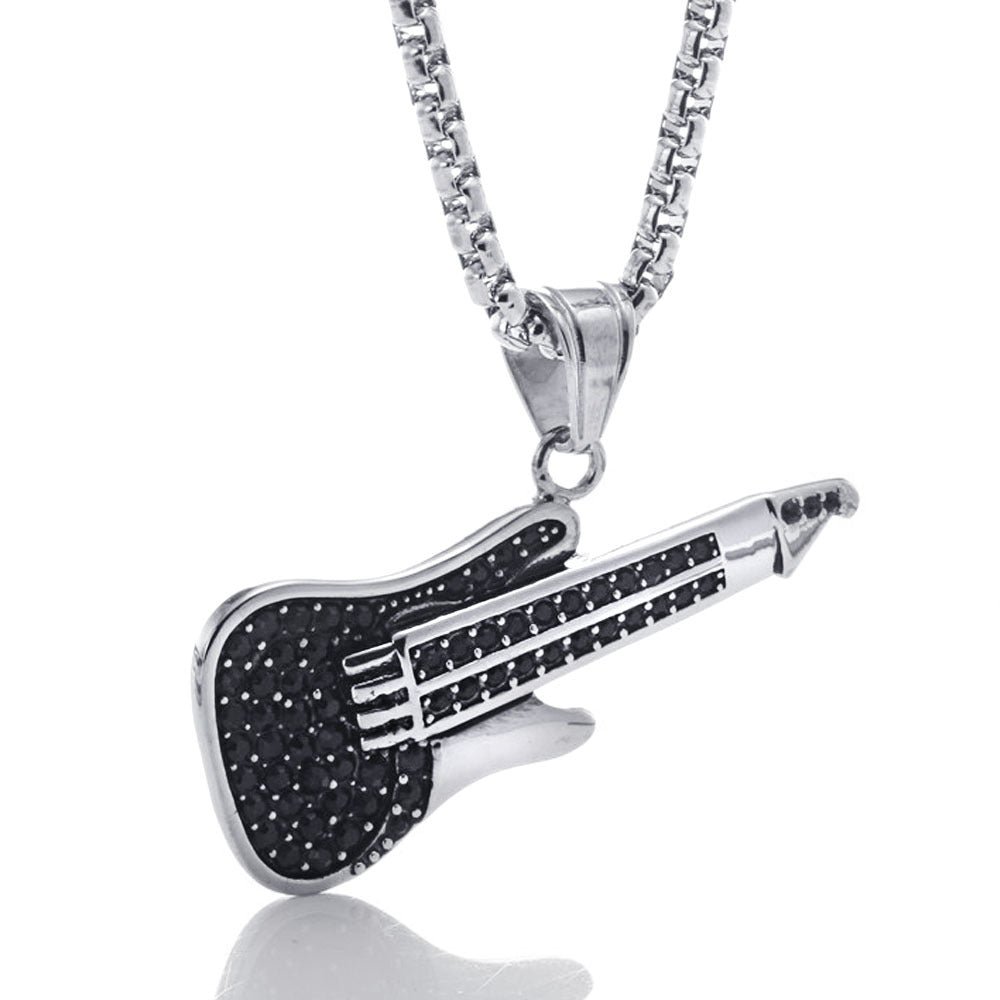 Titanium Steel Guitar Pendant with Black Zircon Inlay – Retro Stainless Steel Accessory for Men