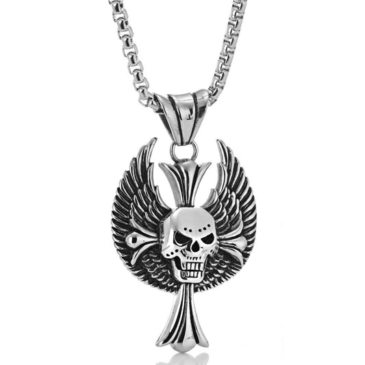 Gothic Winged Ghost Skull Cross Pendant in Premium Titanium Steel for Men