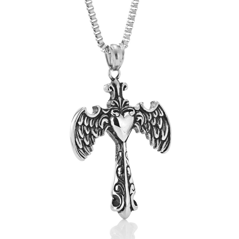 Titanium Steel Cross Pendant with Retro Heart-Shaped Wing for Men - Creative Fashion Accessory