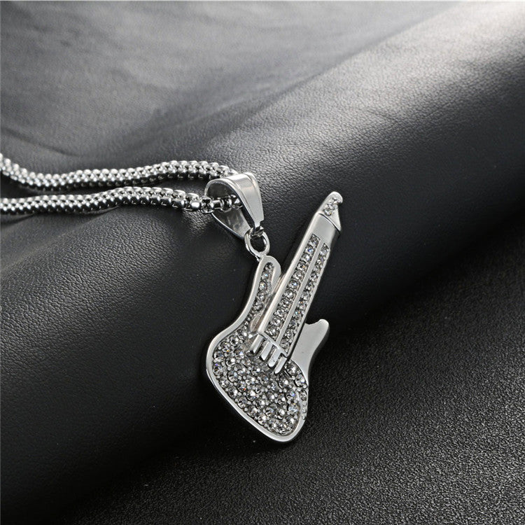 Titanium Steel Guitar Pendant with Black Zircon Inlay – Retro Stainless Steel Accessory for Men