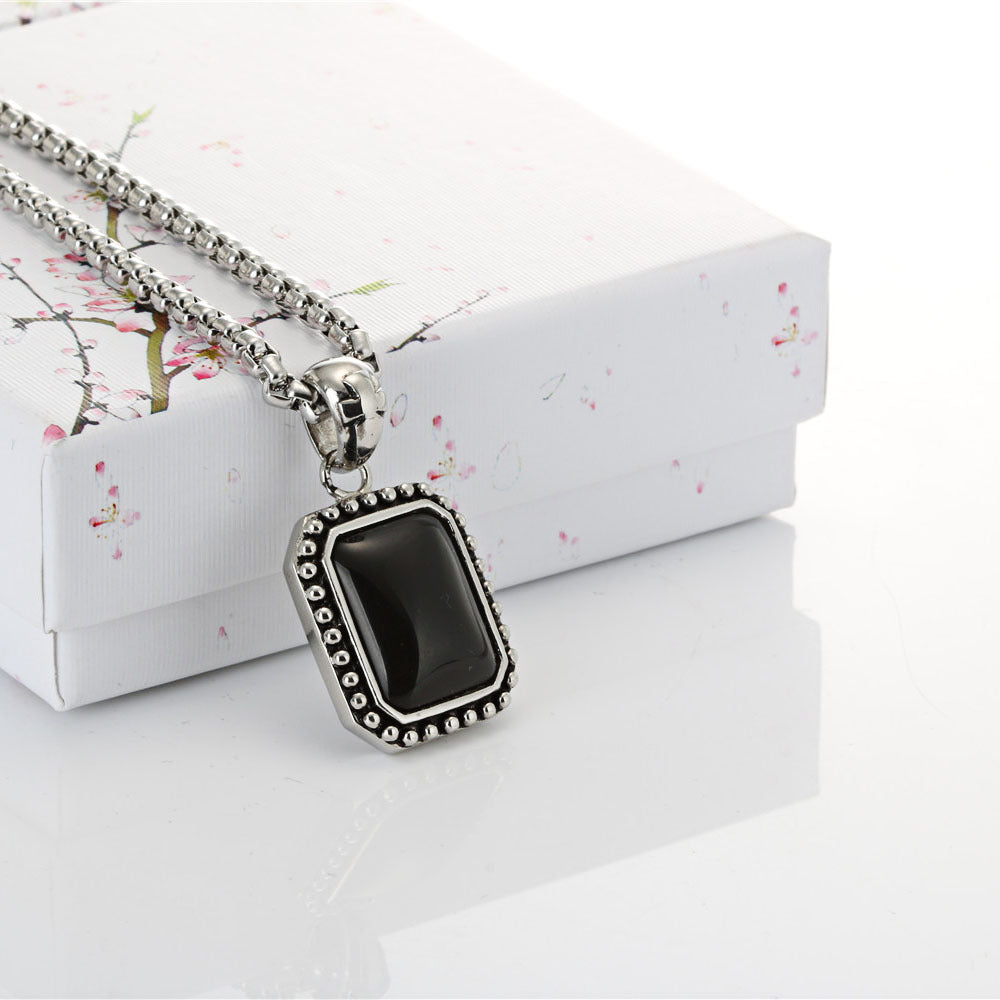 Titanium Steel Black Stone Square Pendant for Men and Women - Elegant Foreign Trade Accessory