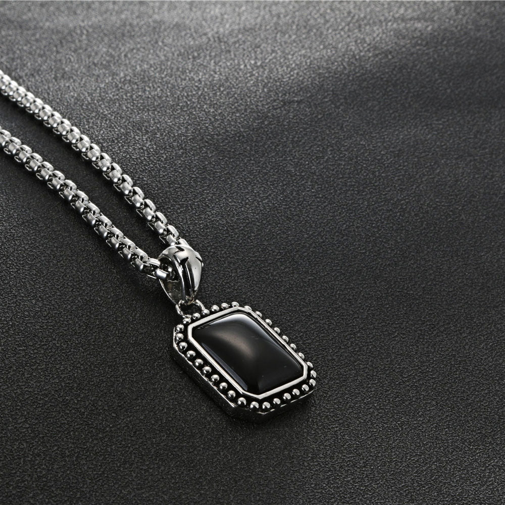 Titanium Steel Black Stone Square Pendant for Men and Women - Elegant Foreign Trade Accessory