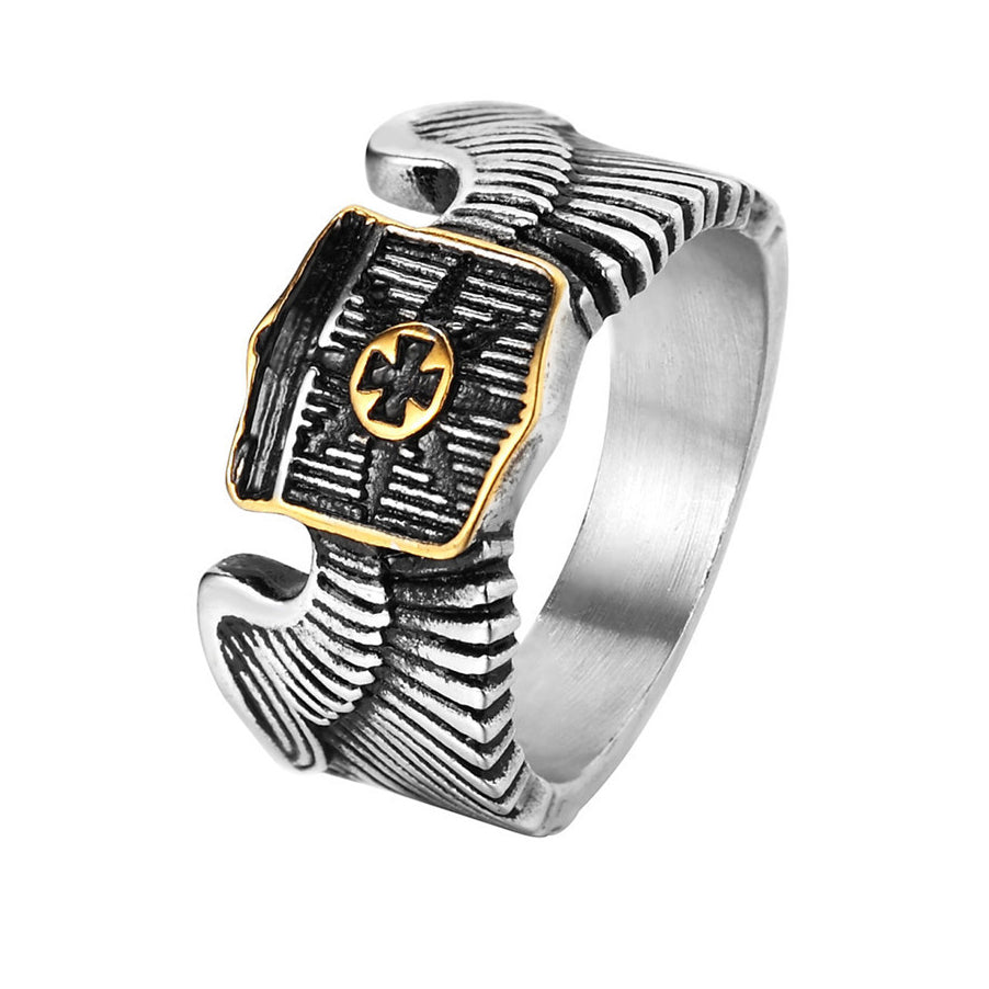 Crusader Shield Teutonic Cross Wings Titanium Steel Ring for Men