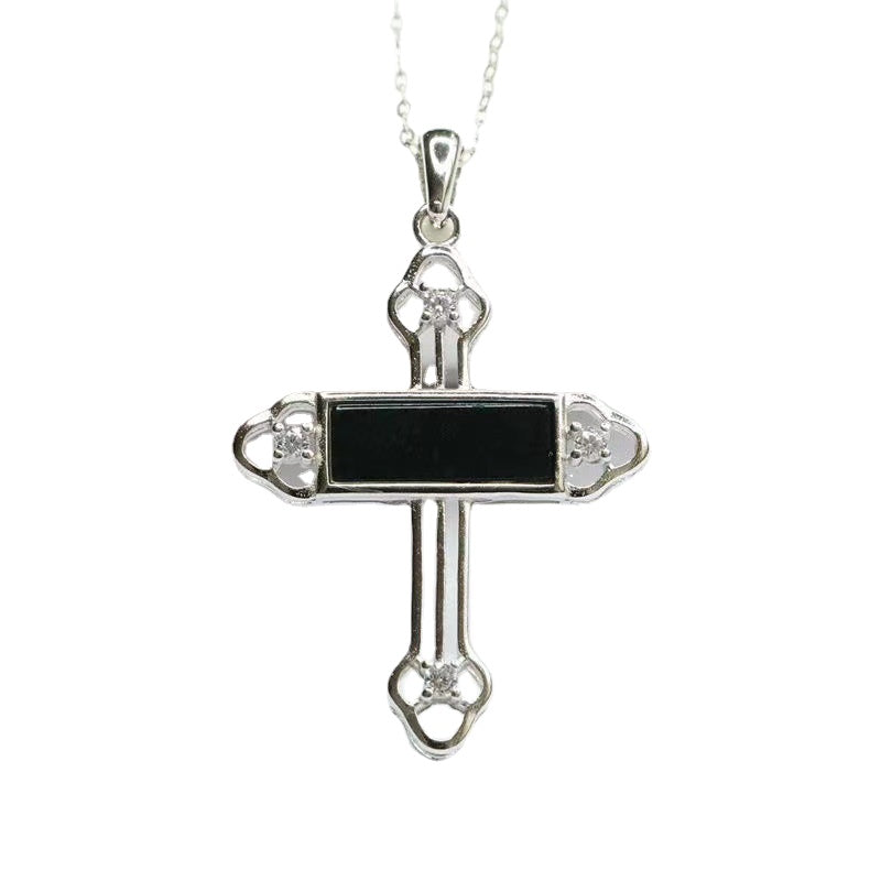 Sterling Silver Necklace with Blackish Green Jade Cross Pendant