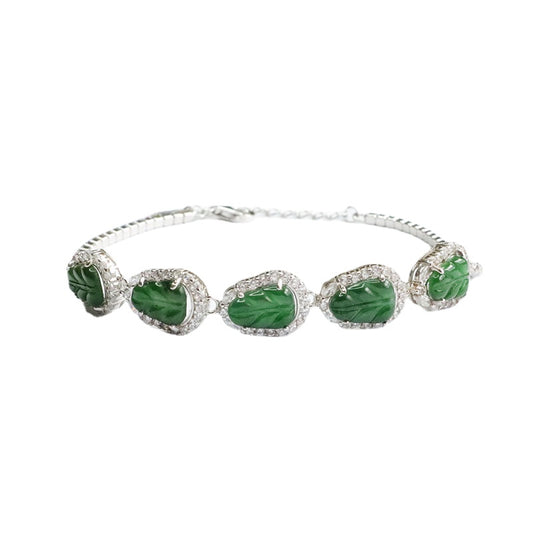 Emperor Green Leaf Sterling Silver Jade Bracelet