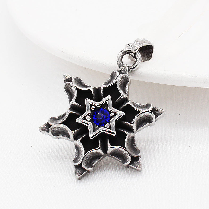 Snowflake Hexagonal Star Zircon Titanium Steel Pendant for Men