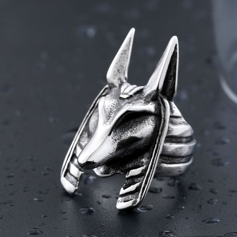 Titanium Steel Anubis Ring for Men - European and American Foreign Trade Design, Stainless Steel Jackal Ring, Sizes 7-13