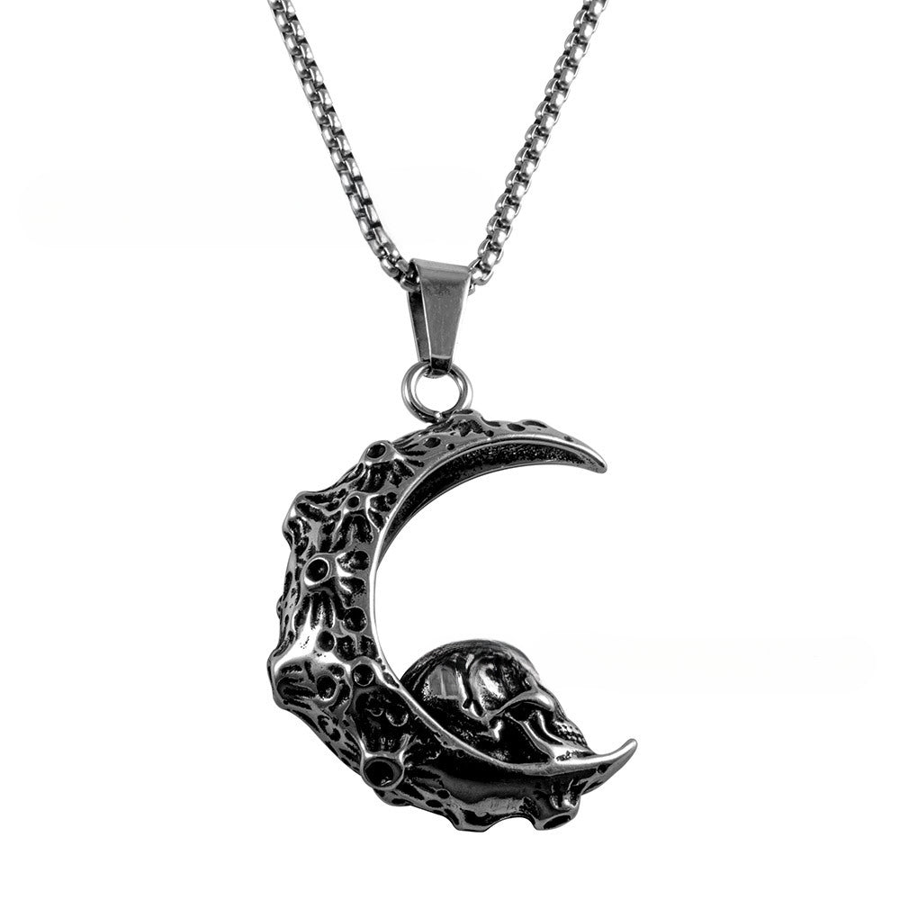 Titanium Steel Crescent Moon Skull Pendant Necklace for Men - Exaggerated Retro Design by Planderful