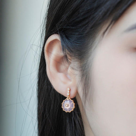 Vintage Round Shape Pink Crystal Silver Drop Earrings