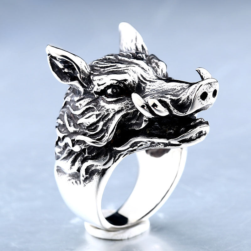 Titanium Steel Men's Ring - Bold Berserk Wild Boar Design, Customizable Stainless Steel Jewelry in Sizes 8-13