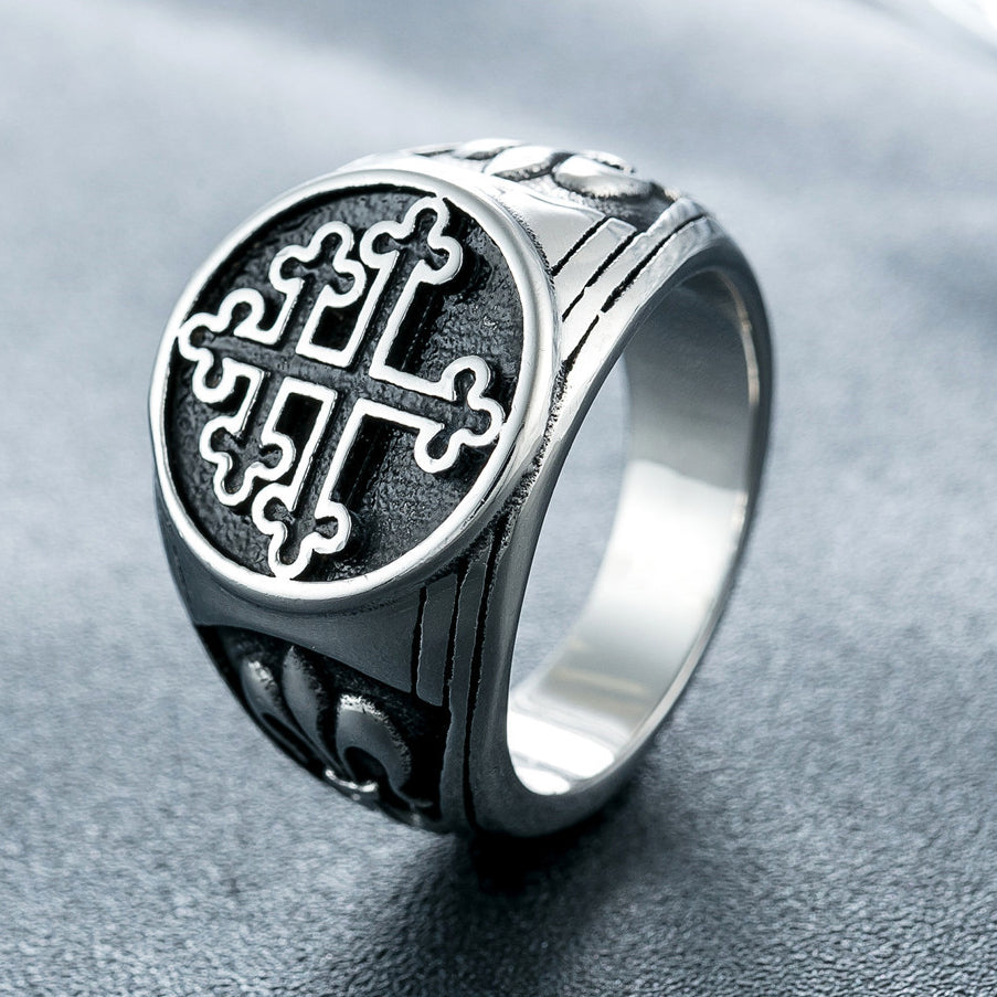 Lorraine Cross Round Titanium Steel Ring for Men