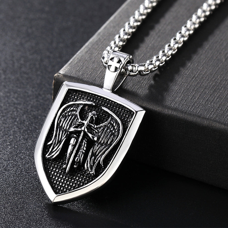 Saint Cross Angel Shield Titanium Steel Necklace for Men